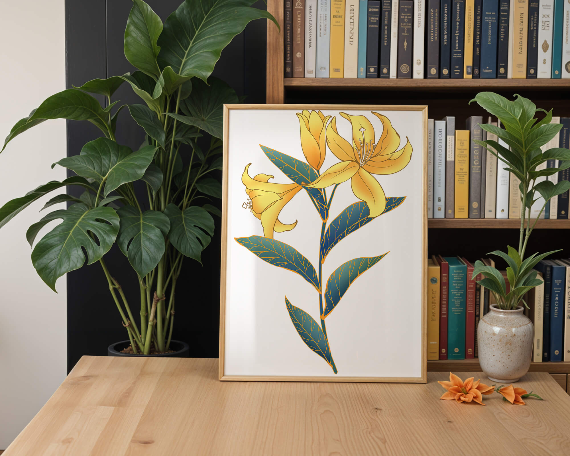 Elegant golden lily illustration with intricate leaf details