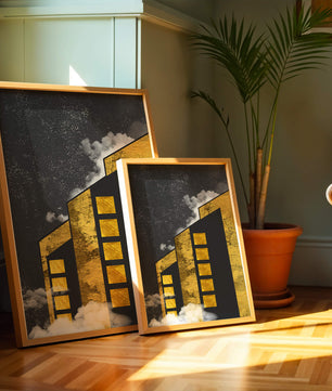 Ilustración arquitectónica artística con elementos dorados y cielo nocturno