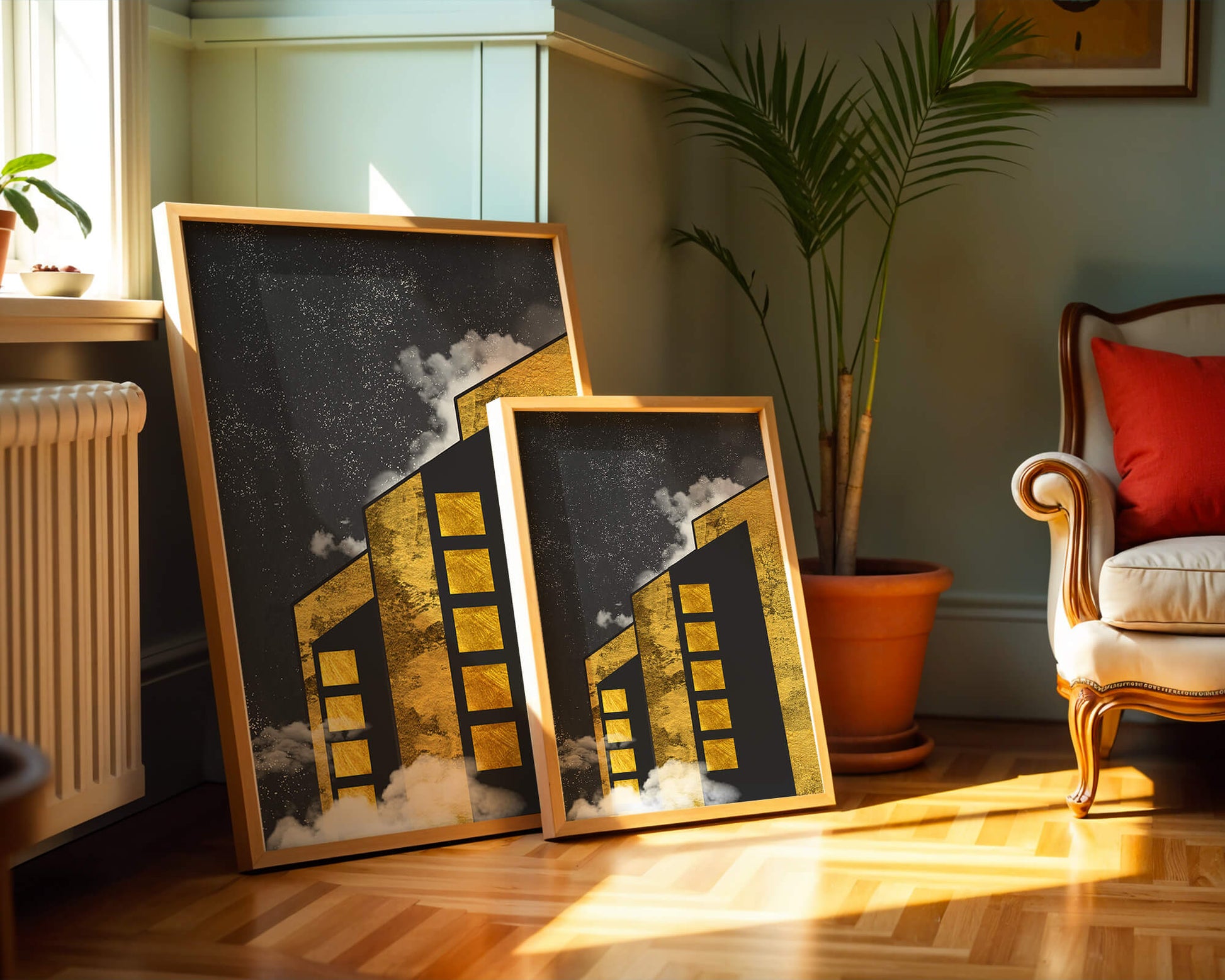 Artistic architectural illustration with golden elements and night sky