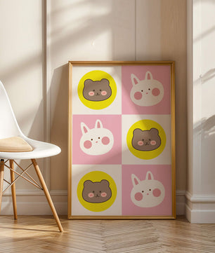 Diseño de patrones de animales juguetones con caras de osos y conejos en colores pastel