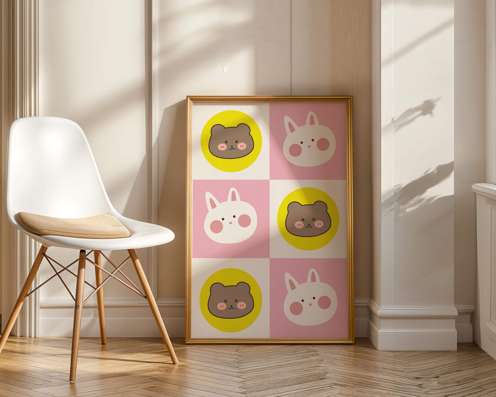 Diseño de patrones de animales juguetones con caras de osos y conejos en colores pastel
