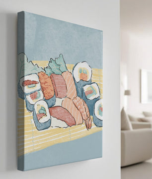 Illustration of assorted sushi rolls with shrimp and salmon on a bamboo mat