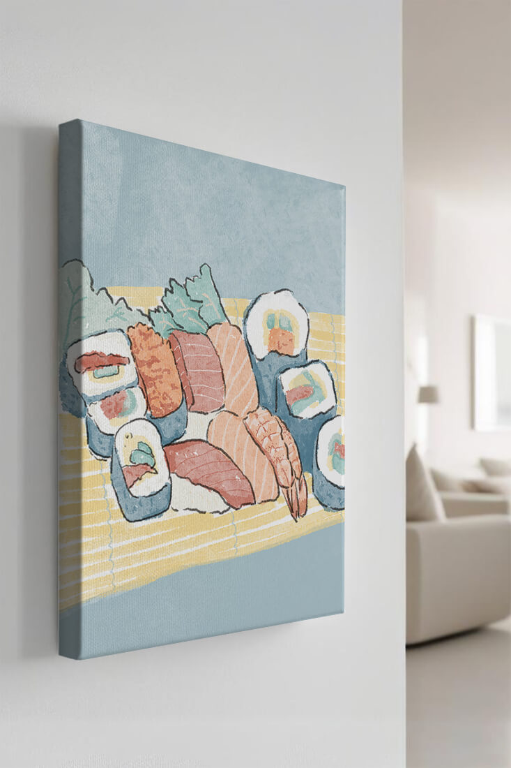 Illustration of assorted sushi rolls with shrimp and salmon on a bamboo mat
