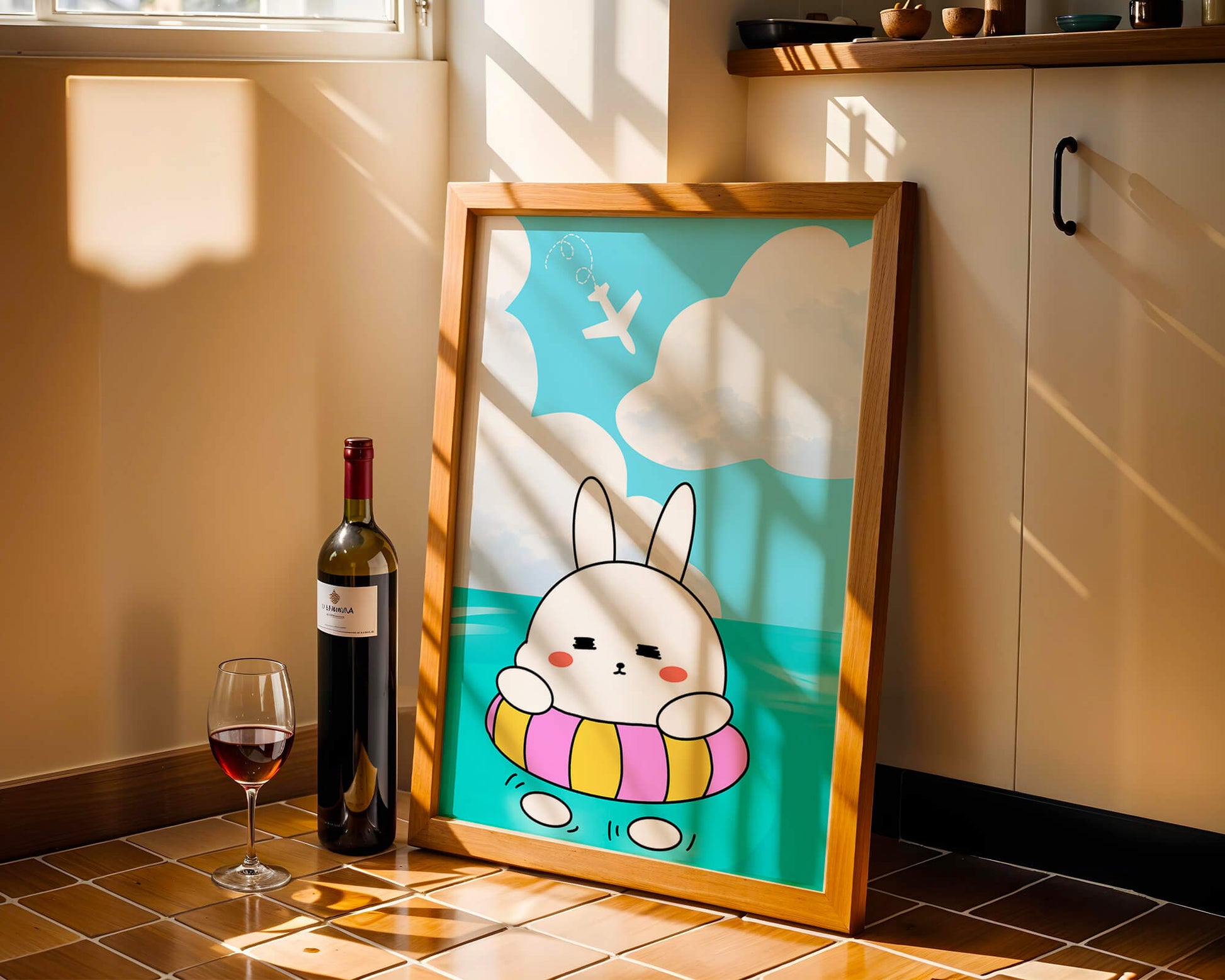 Illustration of a cute bunny floating on a colorful inflatable in a blue ocean under a bright sky with an airplane