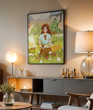 Ilustración de una chica pintando al aire libre rodeada de mariposas y flores