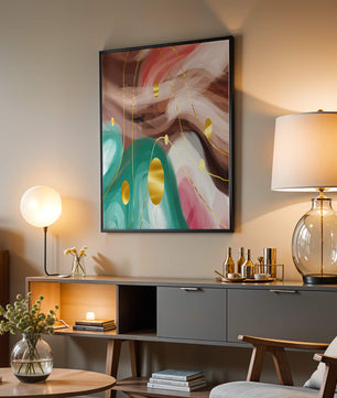 Diseño abstracto de remolinos coloridos con círculos dorados