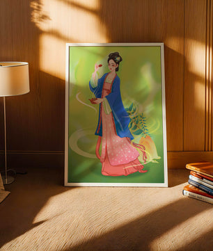 Diseño elegante de mujer en vestimenta tradicional del Este Asiático