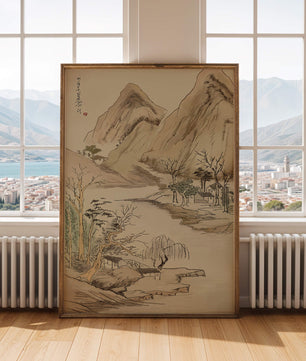 Paisaje sereno con montañas y río en estilo tradicional