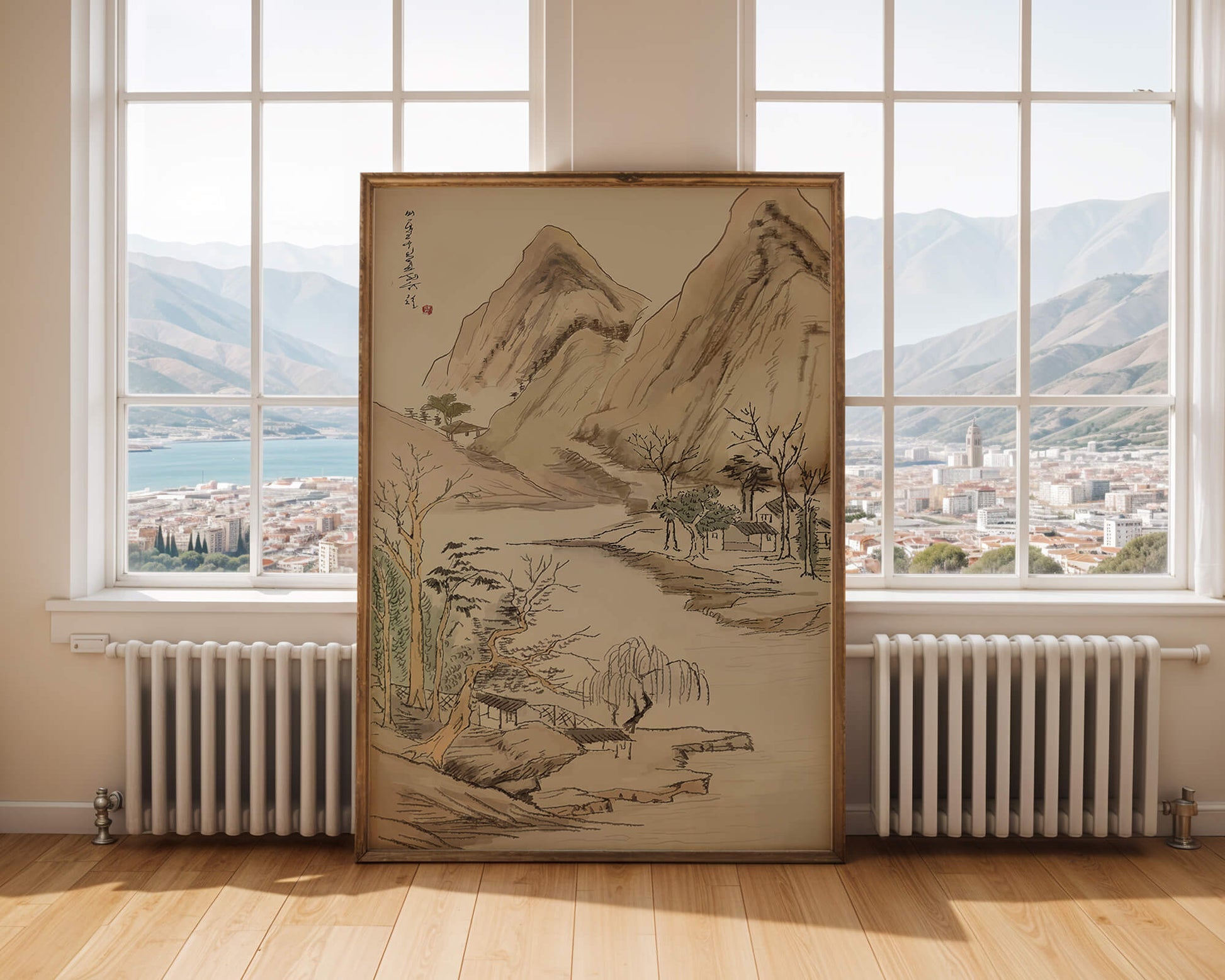 Paisaje sereno con montañas y río en estilo tradicional