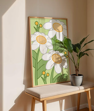 Charming illustrated daisies on a green background