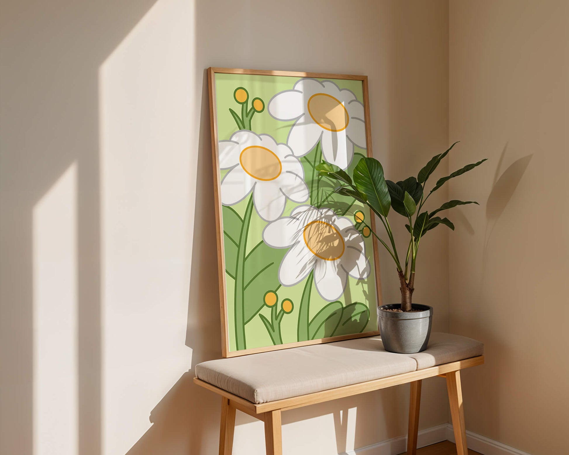 Charming illustrated daisies on a green background