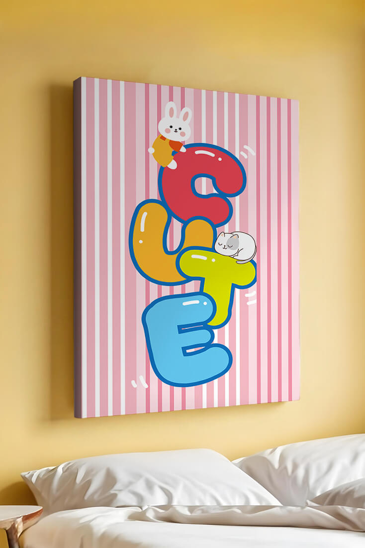 Playful cute illustration with bunny and kitten on colorful letters