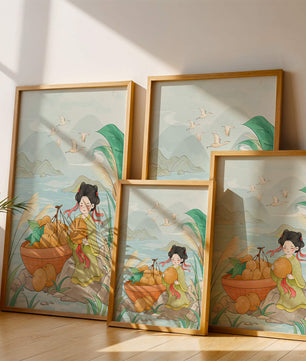Paisaje sereno con una chica y una cesta de naranjas junto al agua
