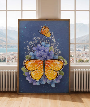Colorida ilustración de mariposa y flores azules