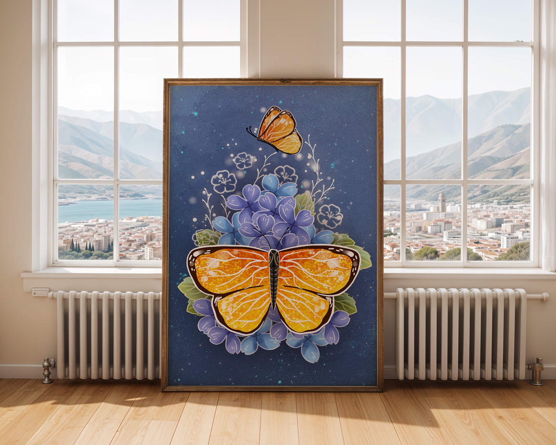 Colorida ilustración de mariposa y flores azules