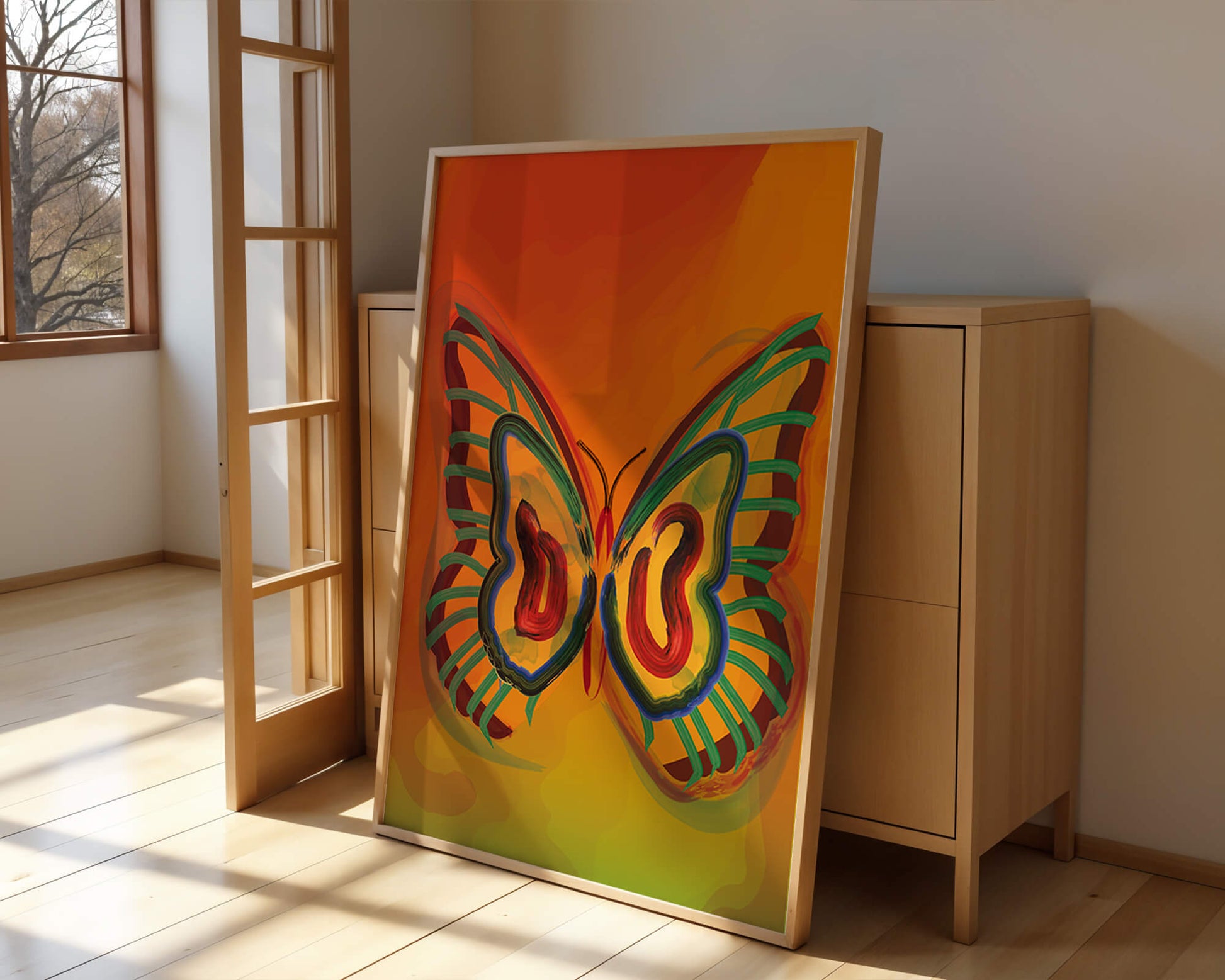 Vibrant butterfly depiction with colorful abstract background