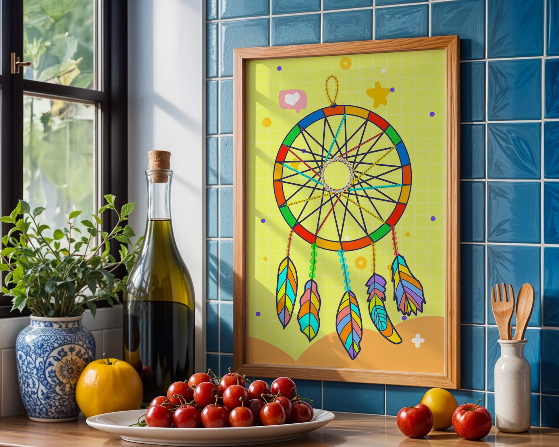 Colorful dreamcatcher on a vibrant yellow background