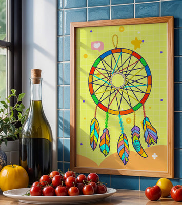Colorful dreamcatcher on a vibrant yellow background