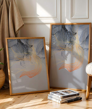 Elegantes abstraktes Design mit fließenden goldenen und orangefarbenen Linien auf blauem Hintergrund