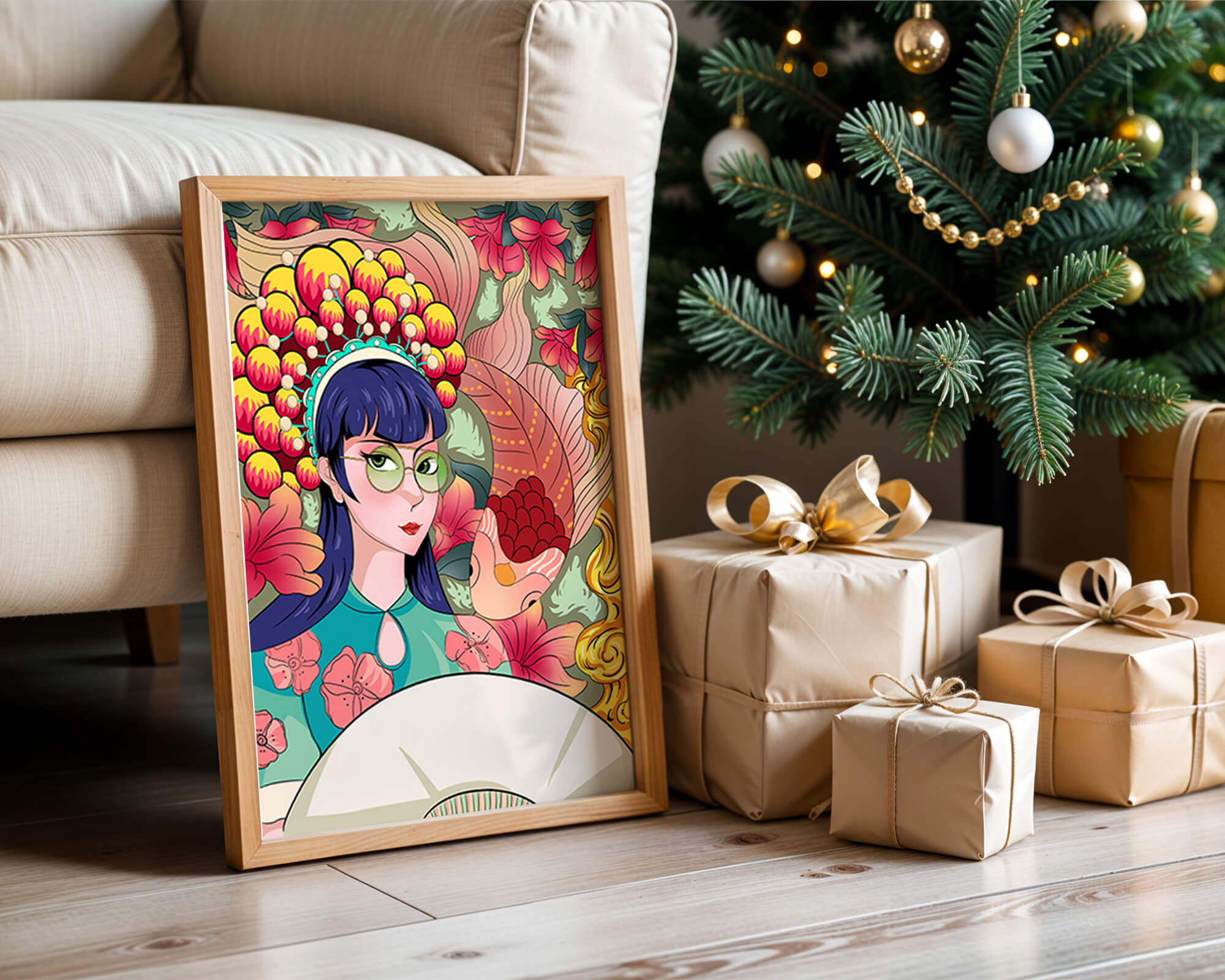Colorful illustration of a woman with floral headdress and fish background