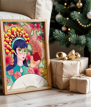 Illustration colorée d’une femme avec une coiffe florale et un fond de poissons