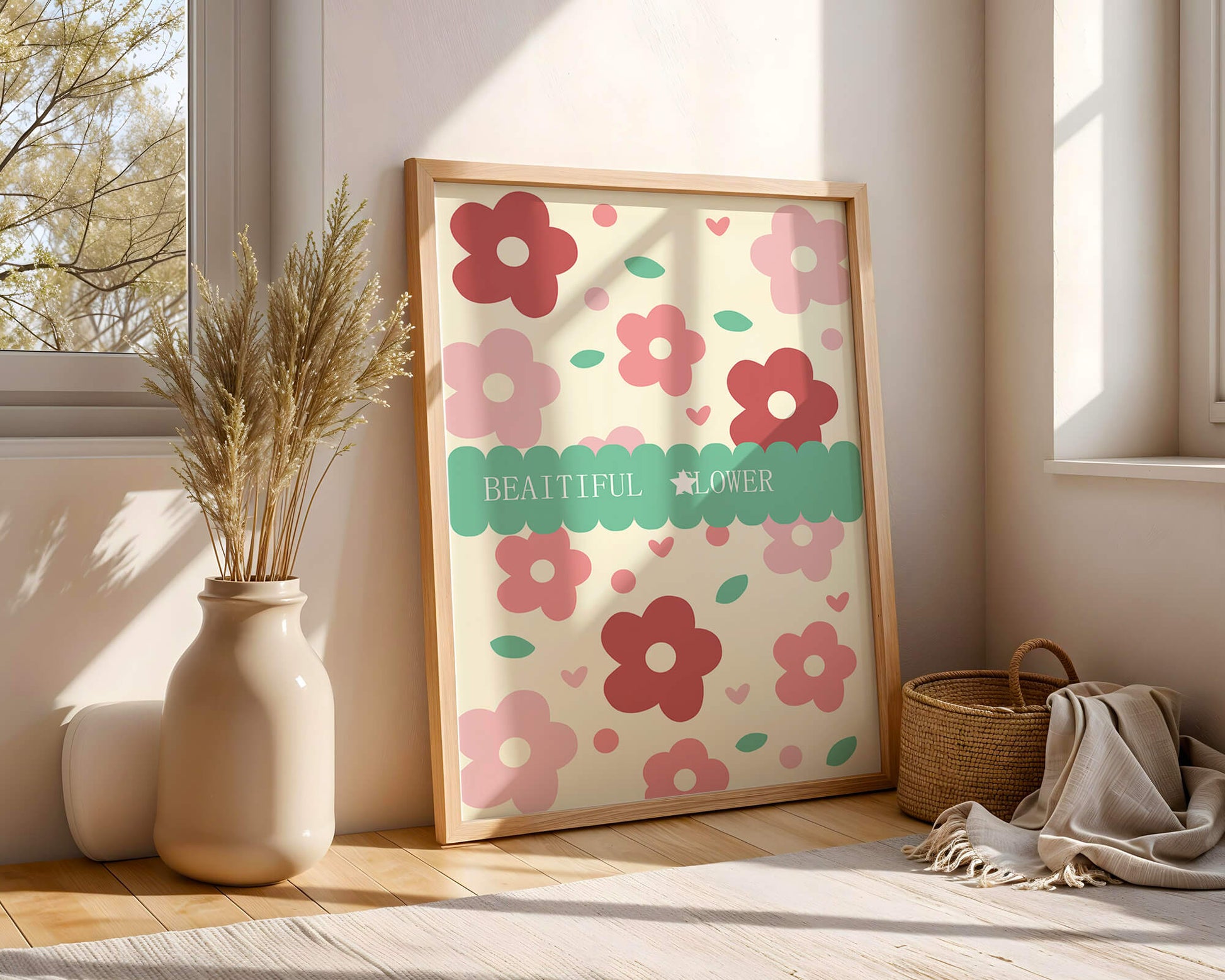 Floral pattern with retro color design and decorative text
