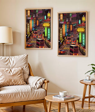 Vibrant urban street with neon signs and bustling traffic at night