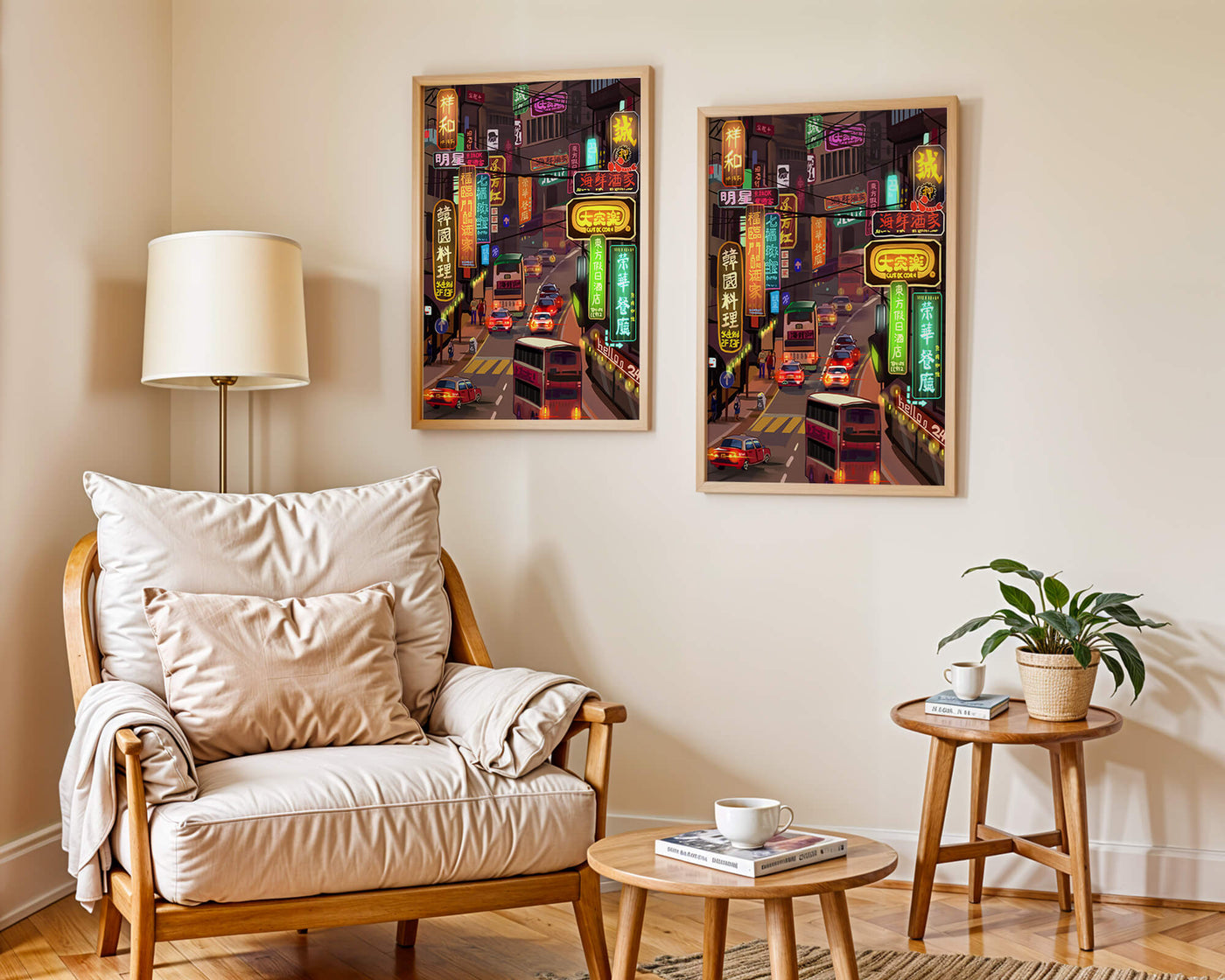 Vibrant urban street with neon signs and bustling traffic at night