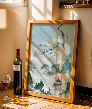Chinese Landscape with Cherry Blossoms and Boat in Misty Mountains - Mi tienda