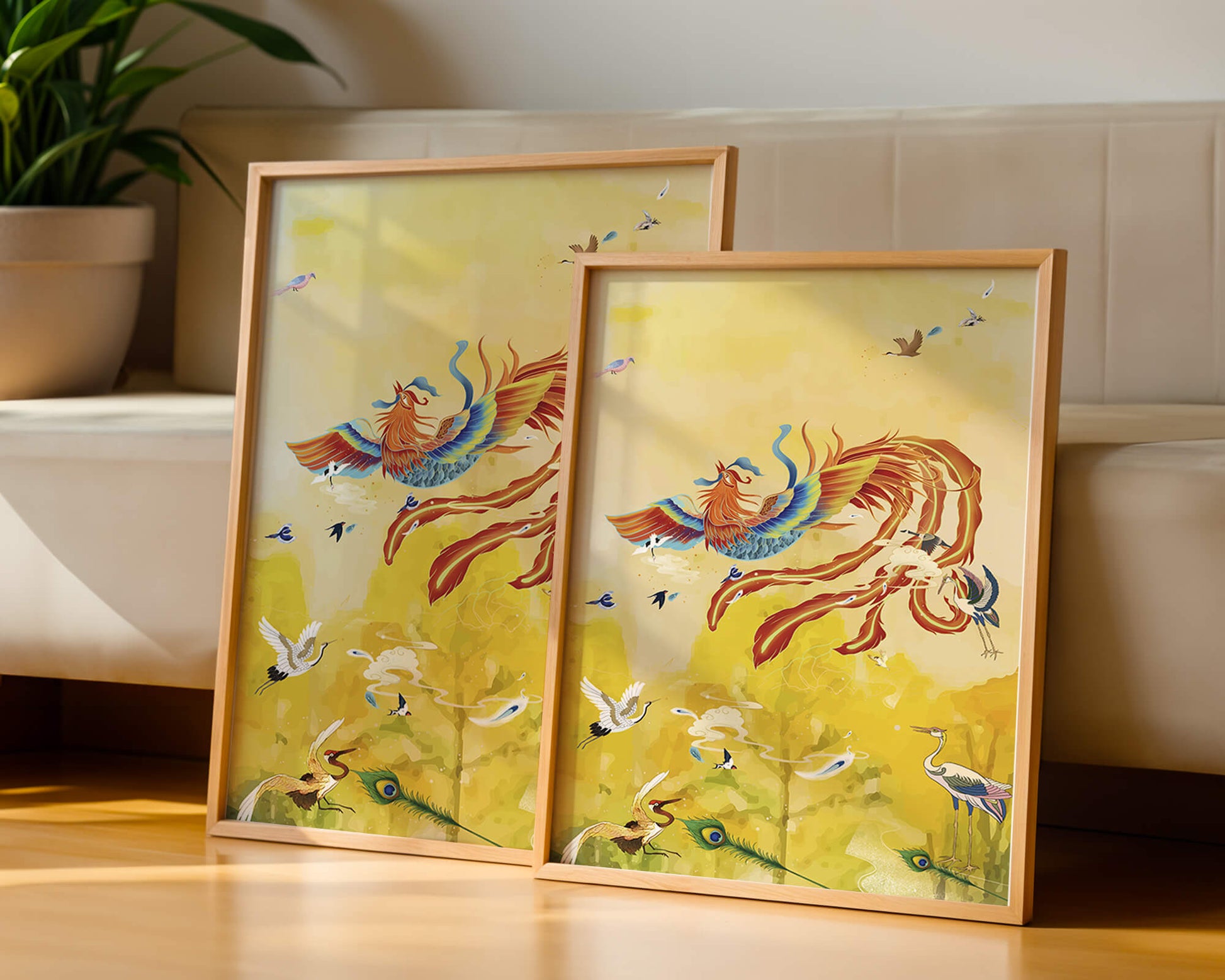 Colorful mystical bird with vivid feathered companions in a vibrant sky