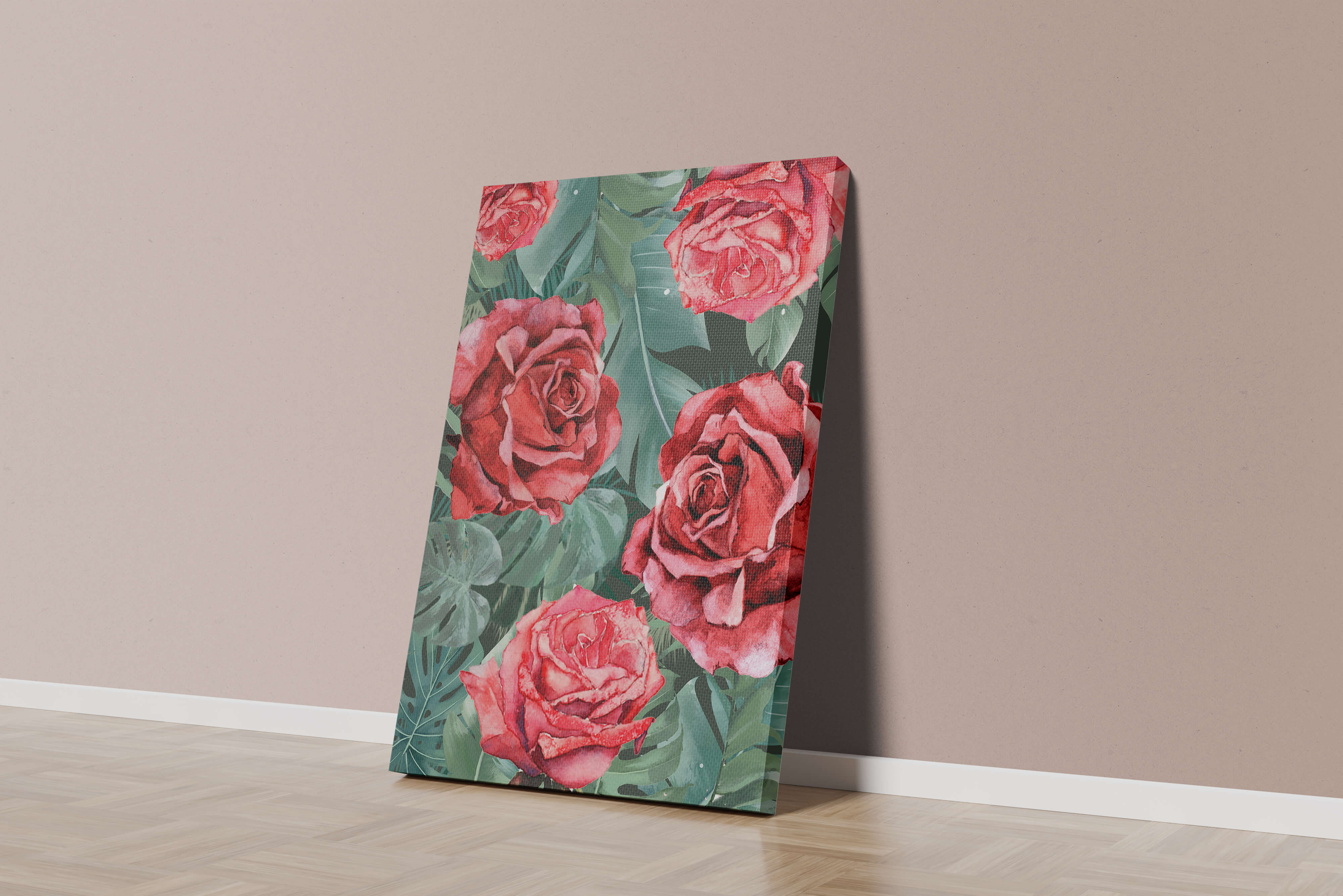 Red roses and green foliage pattern in watercolor style