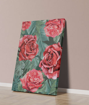 Red roses and green foliage pattern in watercolor style