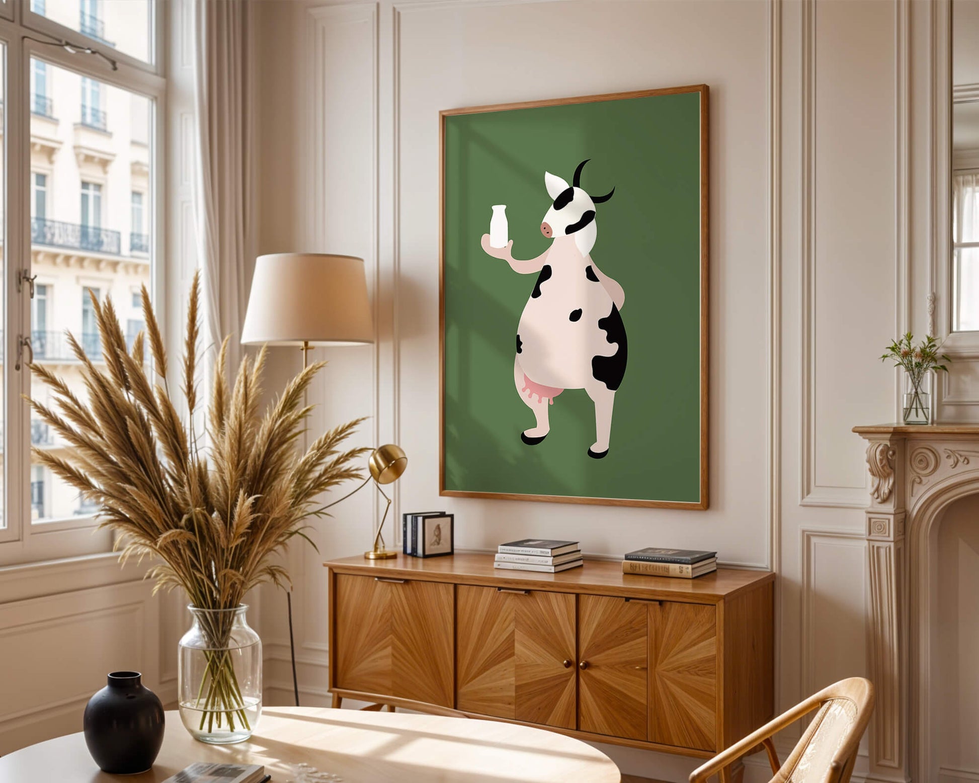 Illustration of anthropomorphic cow holding a milk bottle on green background