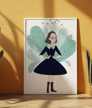 Ilustración de una chica caprichosa con hojas y elementos florales
