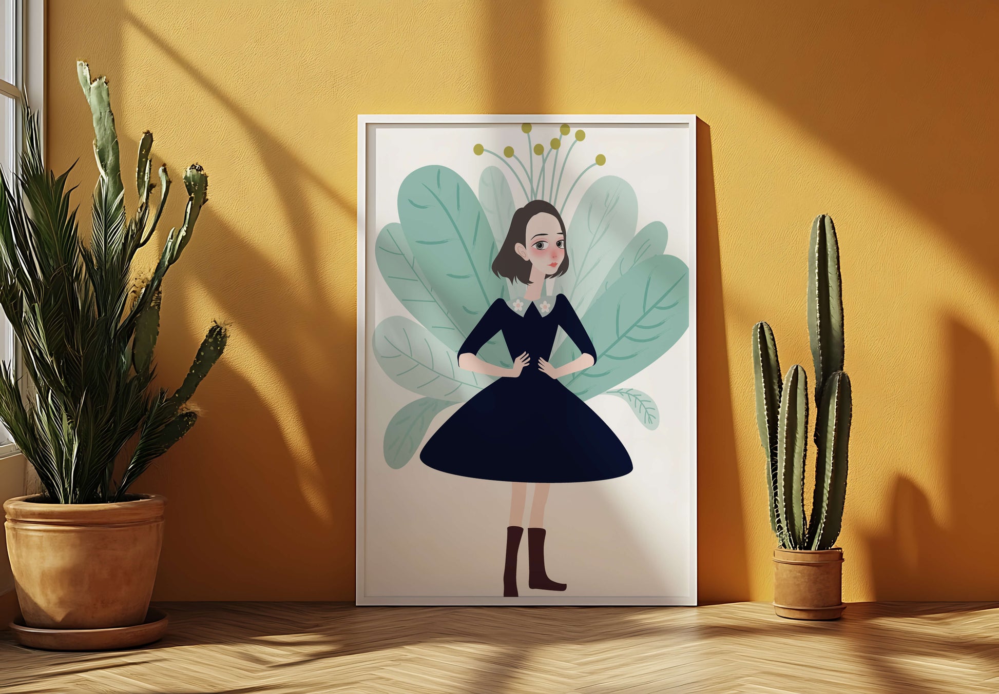 Illustration of a whimsical girl with leaves and floral elements