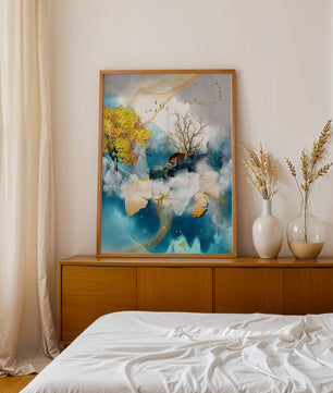 Surreal Nature Scene with Elephants and Golden Leaves