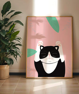 Gato ilustrado sobre fondo rosa con hojas.