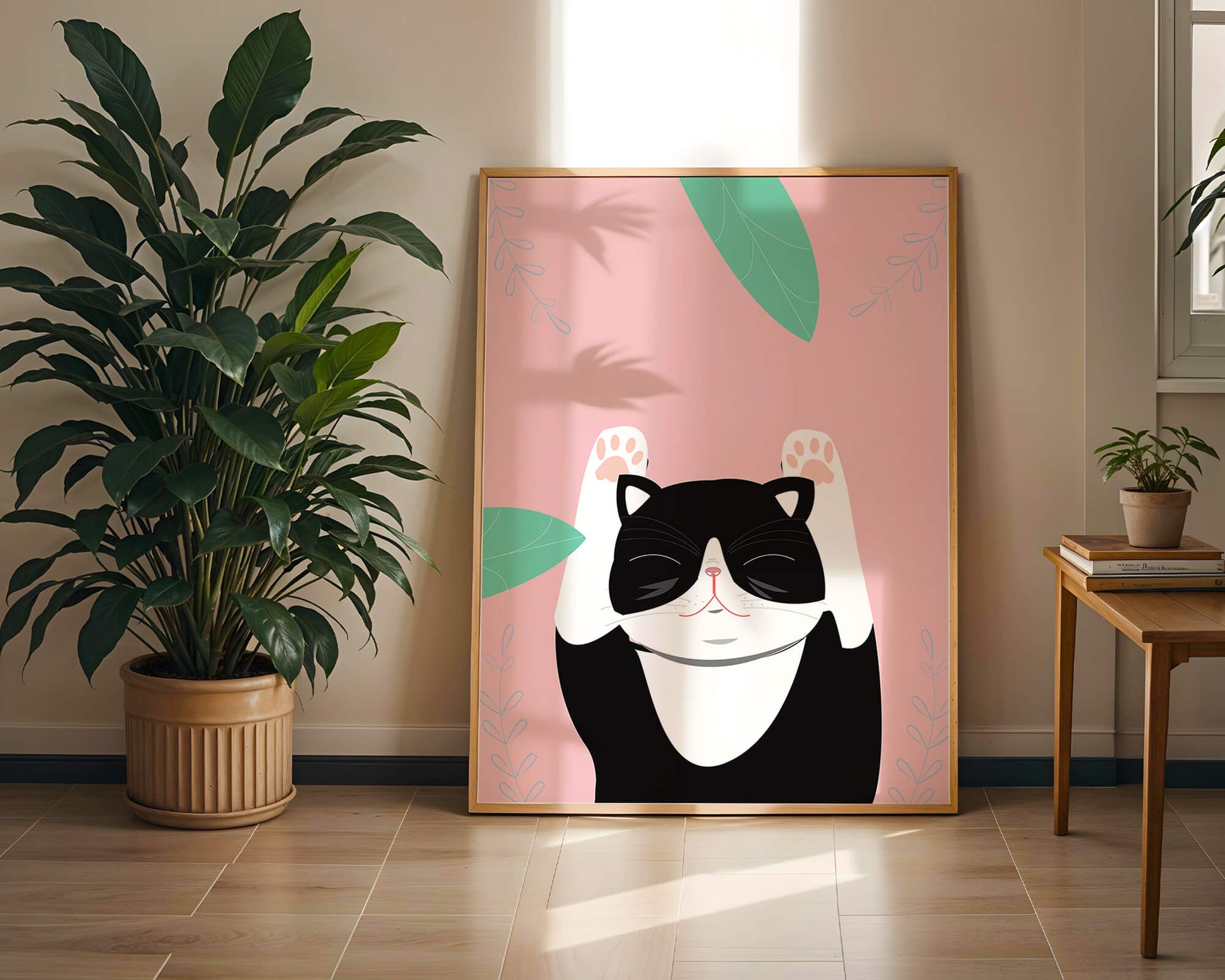 Illustrated cat on pink background with leaves