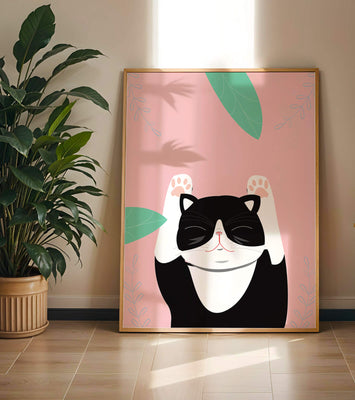 Illustrated cat on pink background with leaves