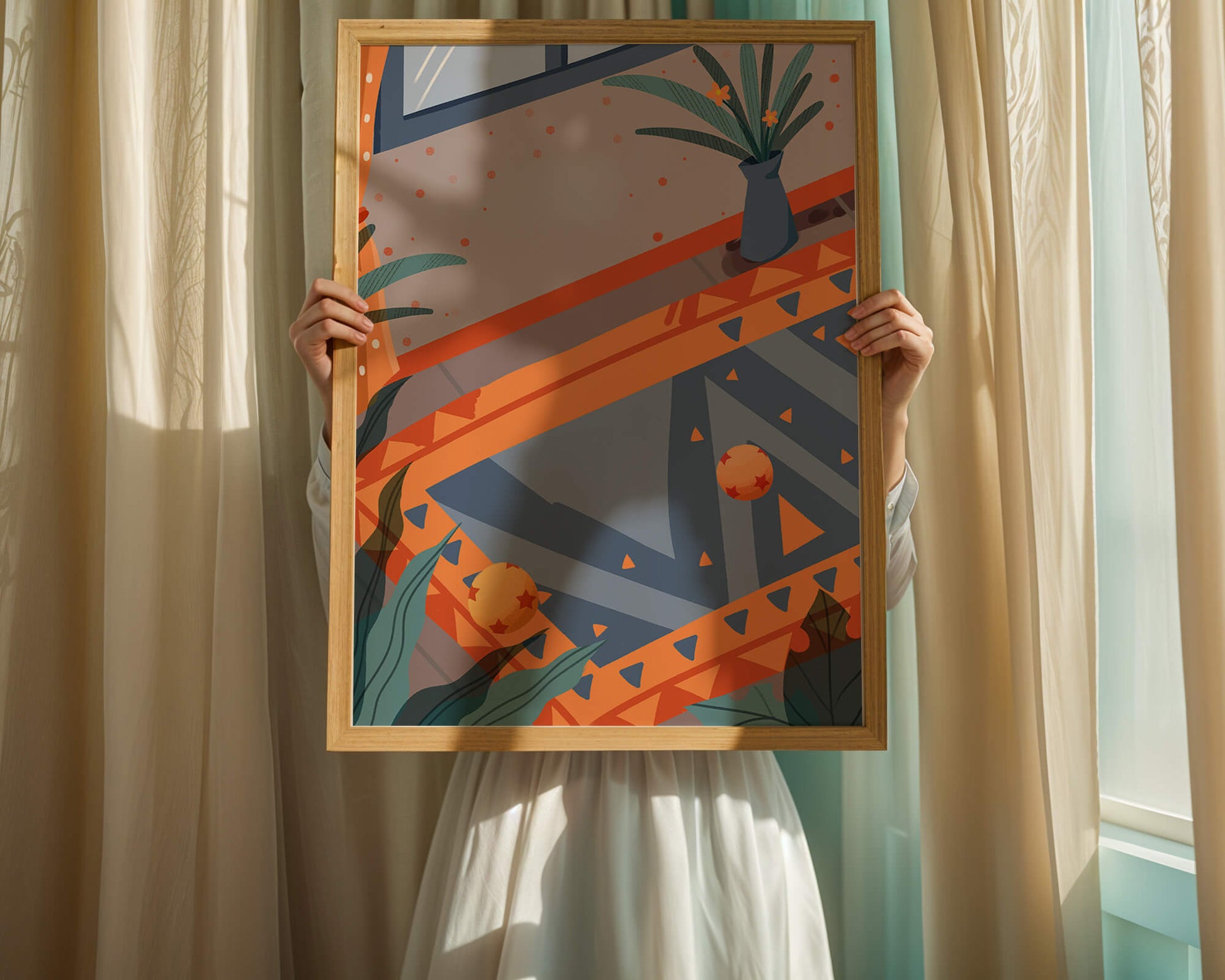 Interior abstracto moderno con patrones geométricos y planta