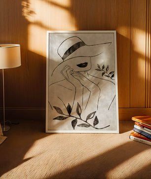 Abstract Woman in Hat with Minimalist Leaf Design