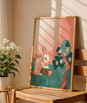 Conejo de origami abstracto con mortero y pistilo bajo un árbol en flor