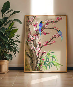 Illustration sereine d’oiseaux sur des branches en fleurs avec des feuilles de bambou