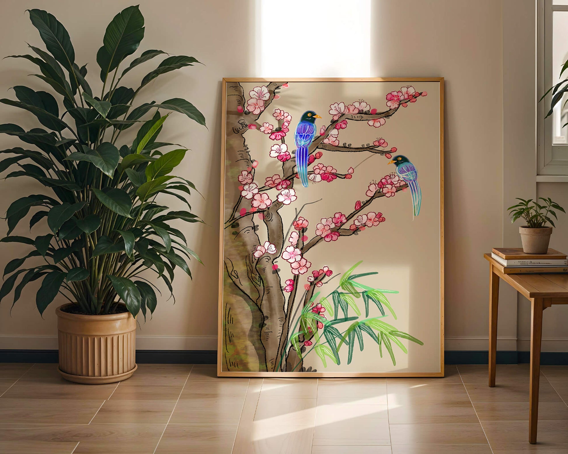 Illustration sereine d’oiseaux sur des branches en fleurs avec des feuilles de bambou