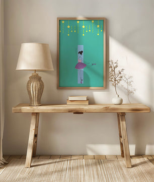 Elegant ballerina illustration with stars on a teal background