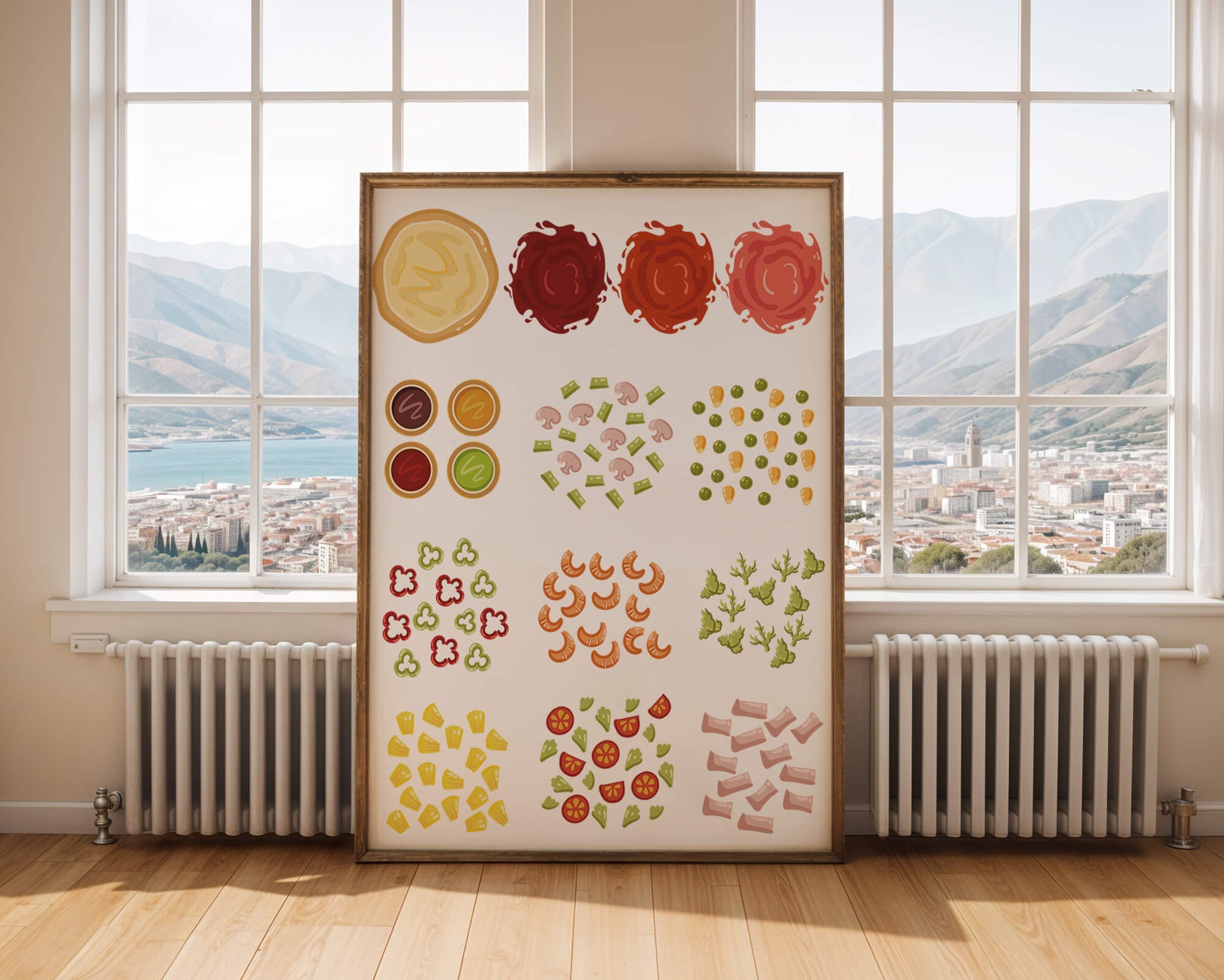 Illustration of various pizza ingredients and toppings