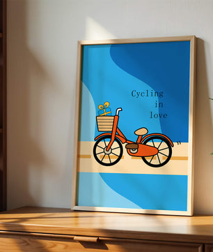 Bicicleta colorida con un regalo en la cesta sobre fondo azul