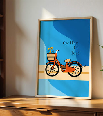 Colorful bicycle with a gift in basket against blue background
