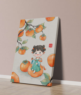 Illustration of a girl sitting on a persimmon surrounded by fruit and leaves