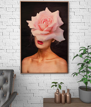 Woman with a Rose Head and Red Lips on a Dark Background - Mi tienda